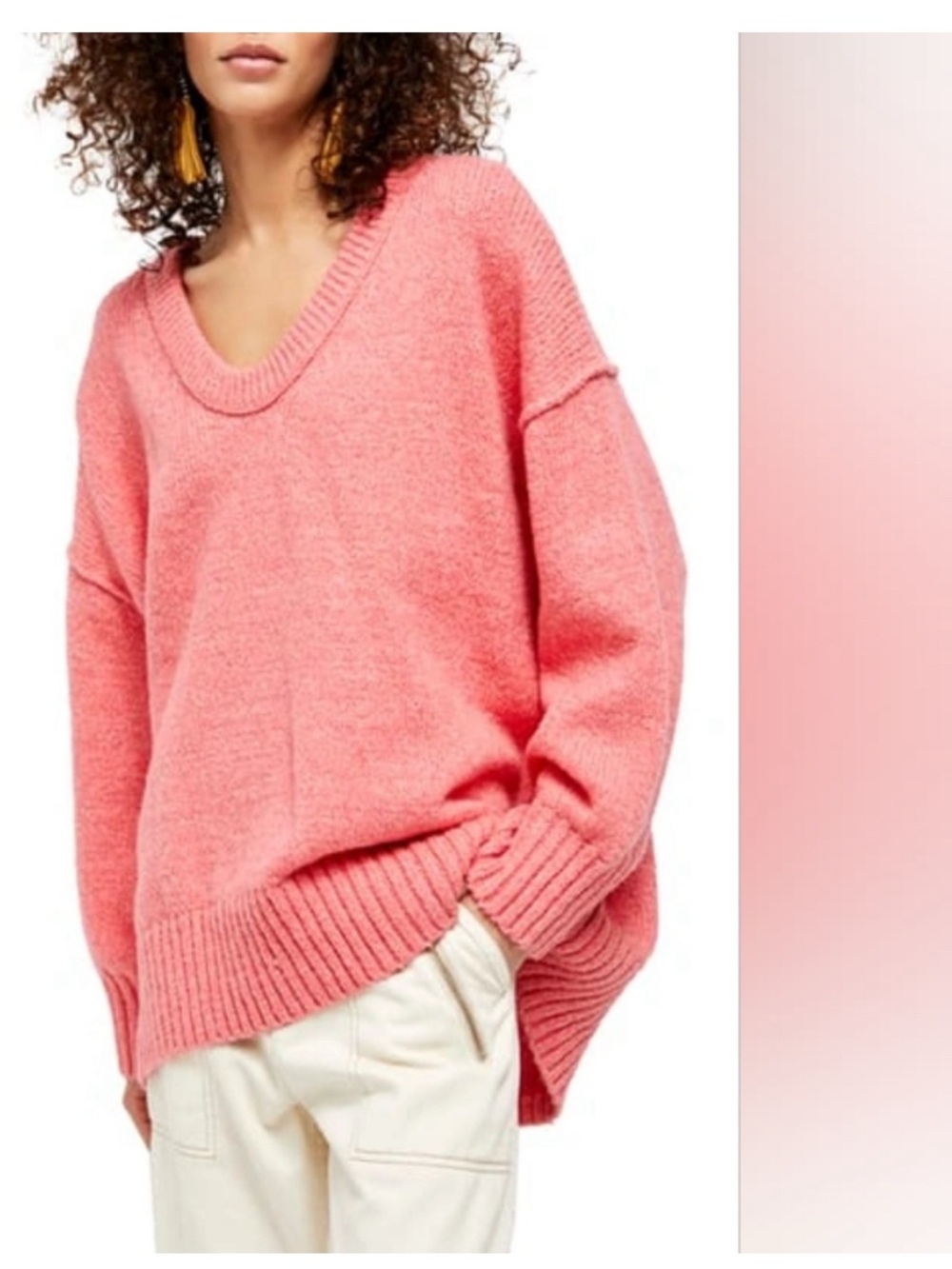 Free People Brookside Tunic Coral Pink Oversized V-Neck Sweater